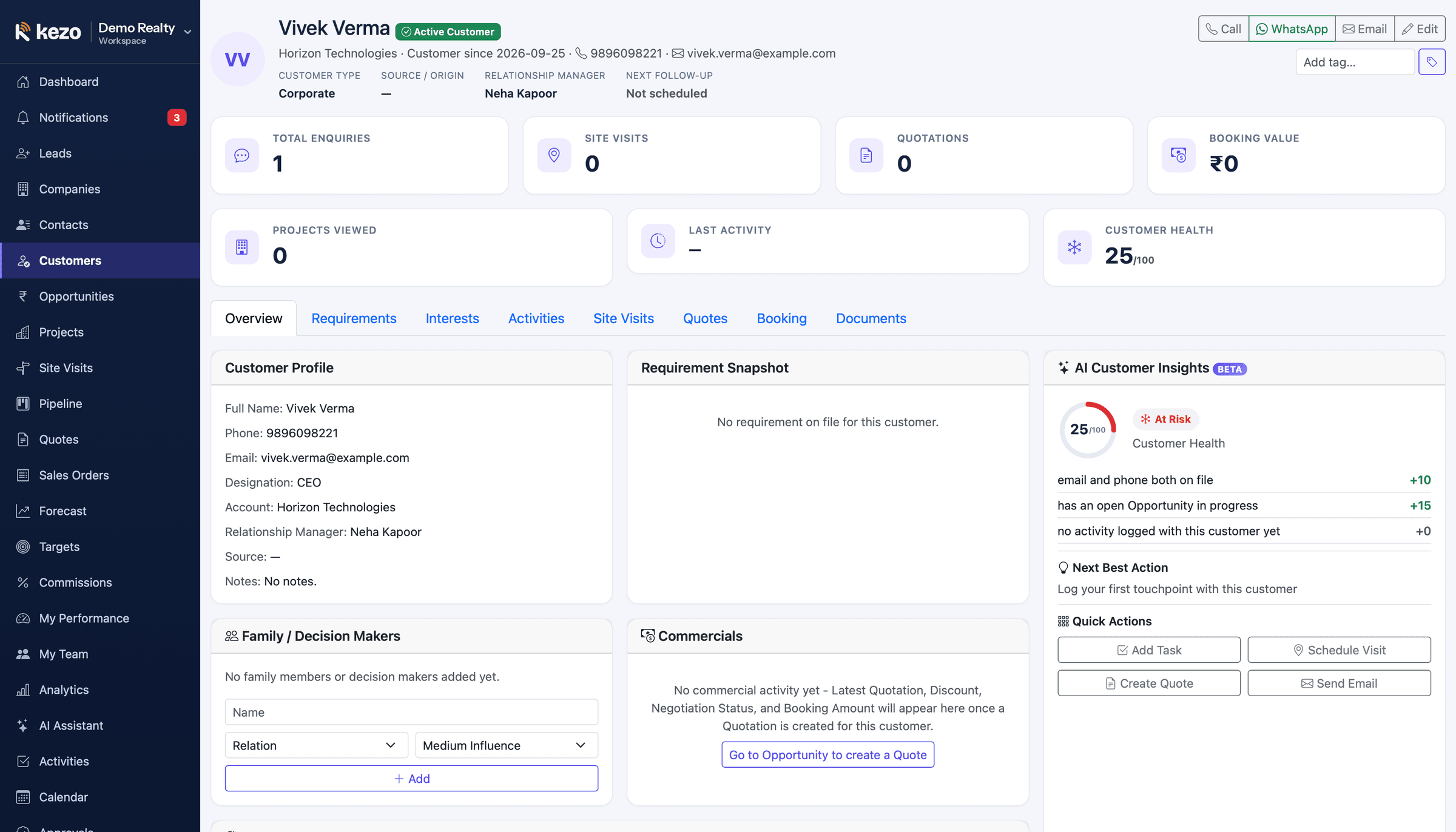 Customer 360 view with site visits, quotations, booking value and AI customer health
