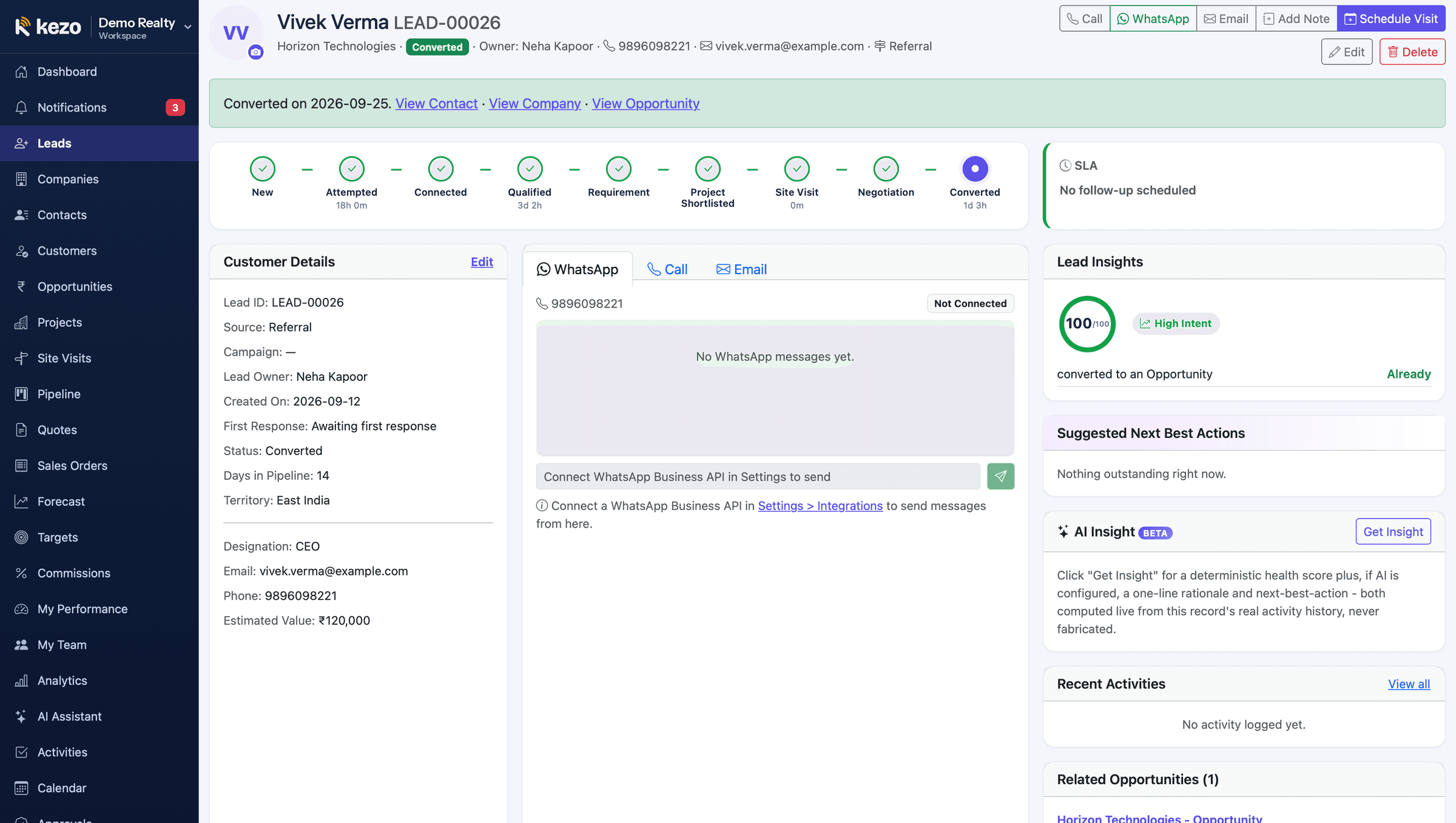 Lead profile with real estate stages, WhatsApp, lead score and next best actions